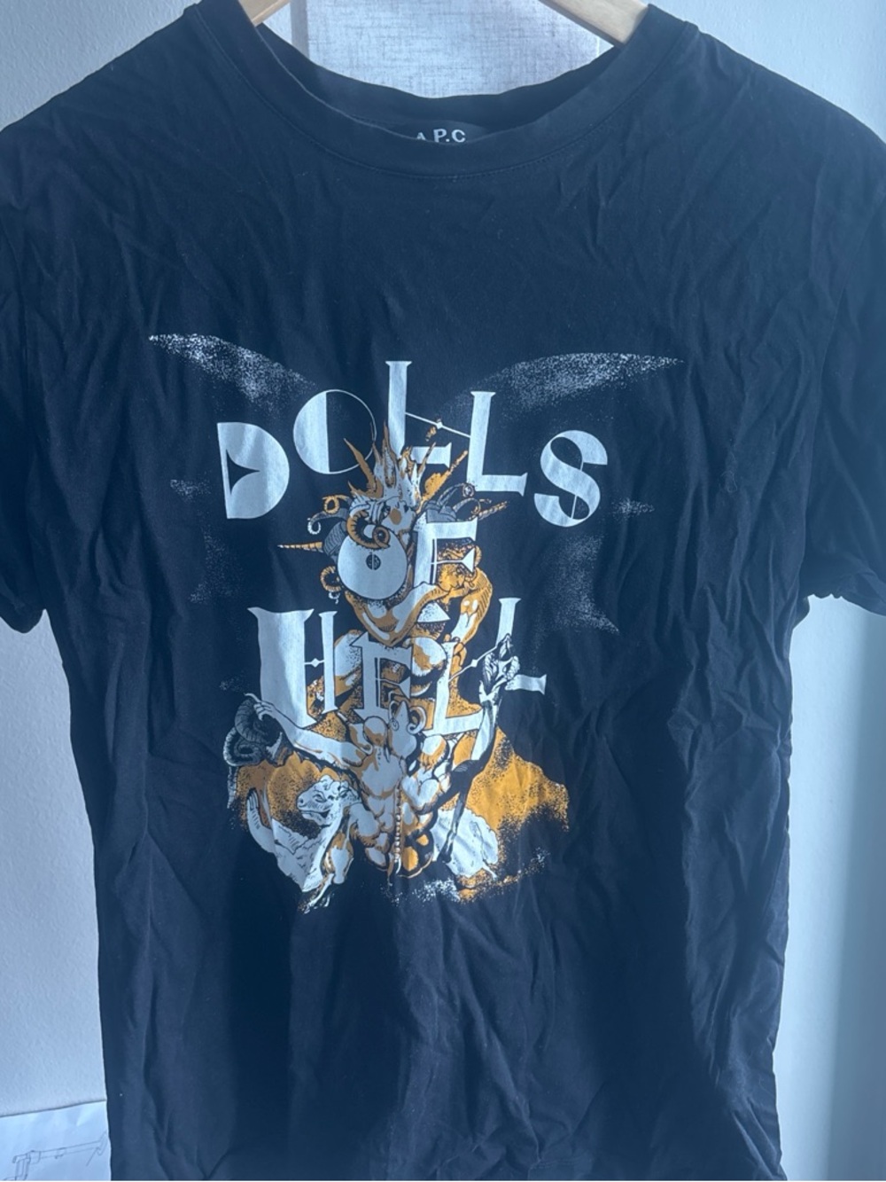 A.P.C. Black Short Sleeve Graphic Tee with White and Gold Print